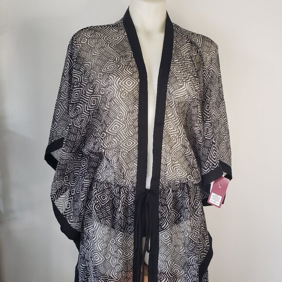 Black White Silky Sheer Wizard Sleeve Beach Bath Robe Coverup - Picture 4 of 10